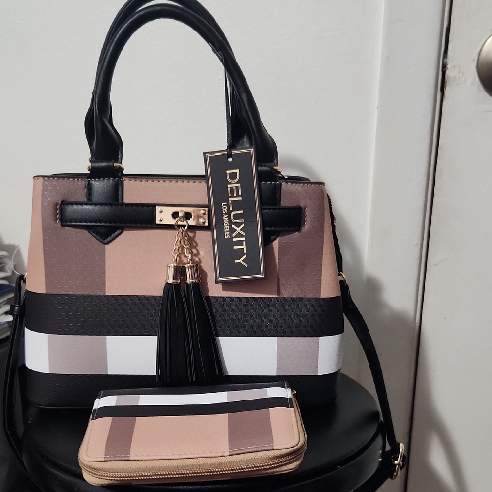 Tan and Black Satchel Bag Set